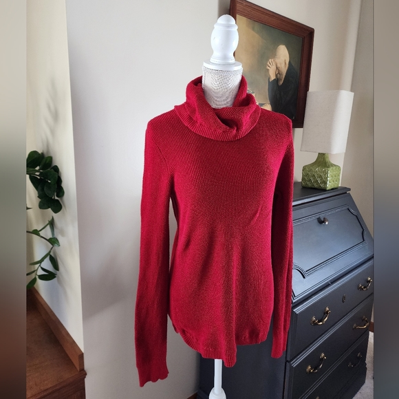 Ralph Lauren LAUREN Black label Womens Size LARGE Waffle Knit Red Cowl Neck Knit - Picture 4 of 13